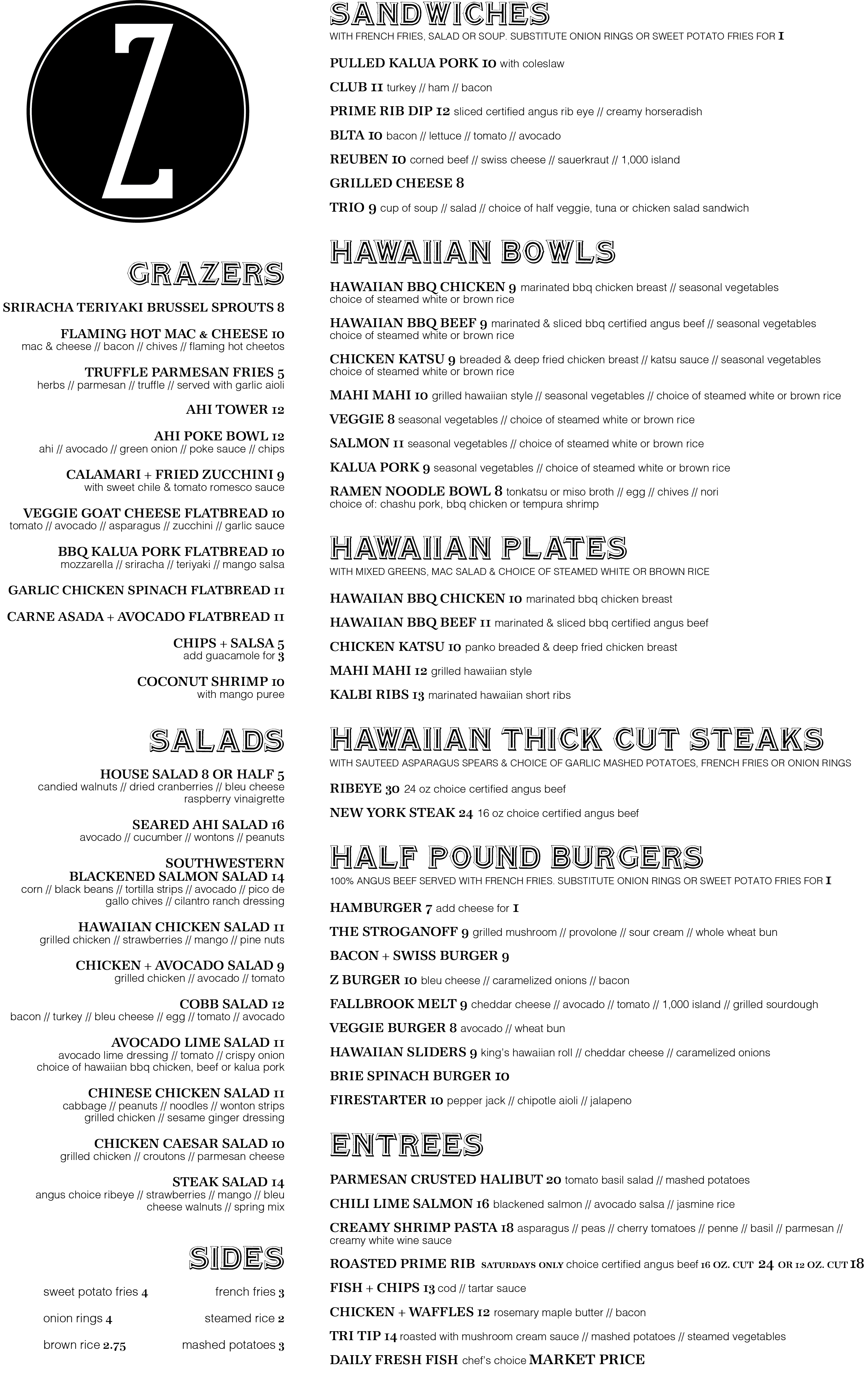 Menu of Z Cafe in Bonsall, CA 92003